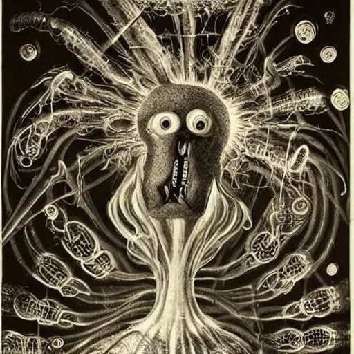 Image similar to whimsical freaky creature sings a unique canto about'as above so below'being ignited by the spirit of haeckel and robert fludd, breakthrough is iminent, glory be to the magic within