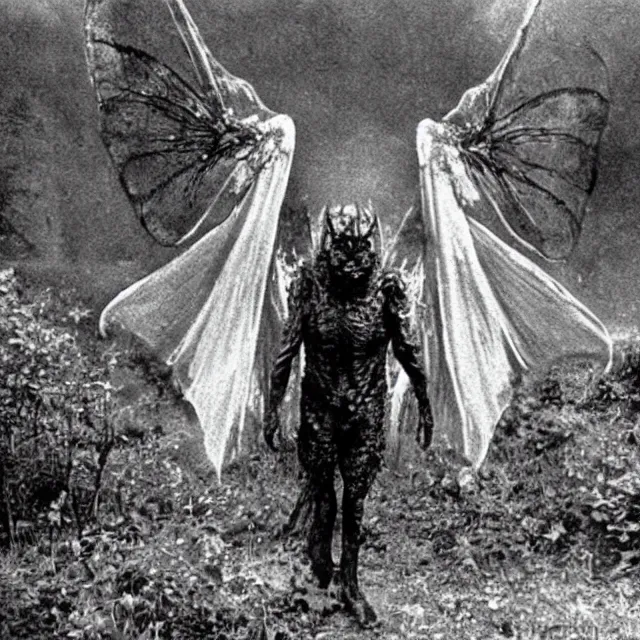 Prompt: image still of a Mothman, 80’s monster horror movie