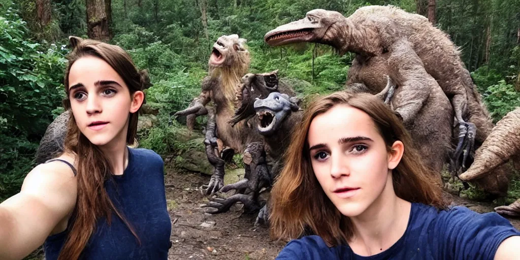 Image similar to photo, three hairy fat cave people, emma!! watson!!, looking at camera, surrounded by dinosaurs!, gigantic forest trees, sitting on rocks, bright moon, birthday cake on the ground, front close - up view of her face, selfie