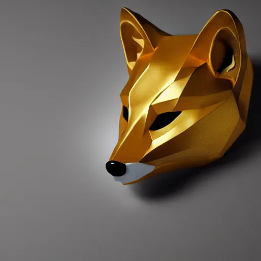 Prompt: a realistic photo of a beautiful white and gold fox mask, laying on a cherrywood desk, with spot lighting showing off the vivid gold details of the mask, f/1.8 32mm lens, 4K award winning, trending on artstation
