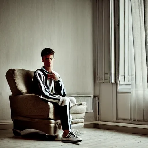 Prompt: Young white Almighty God, wearing tracksuit sitting in armchair in poor european apartment. Perfect composition. Digital art, in style of Buanarotti painting, intricate stunning texture and details, fine detailed face. Dramatic lighting
