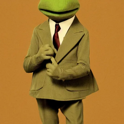 Image similar to a sepia photograph of kermit the frog in a suit