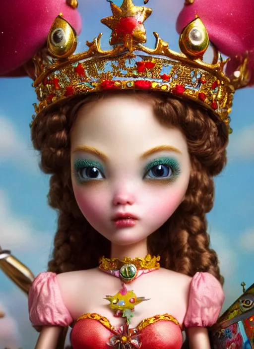 Image similar to highly detailed closeup, profile portrait of a tin toy fairytale princess wearing a crown, bikini, unreal engine, nicoletta ceccoli, mark ryden, earl norem, lostfish, global illumination, detailed and intricate environment