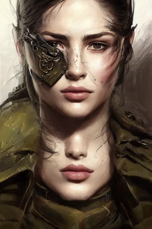 Image similar to a professionally painted portrait of an attractive young woman, clothed in military armor, olive skin, long dark hair, beautiful bone structure, symmetrical facial features, intricate, elegant, digital painting, trending on Artstation, concept art, smooth, sharp focus, illustration, from Metal Gear by Ruan Jia and Mandy Jurgens and Artgerm and William-Adolphe Bouguerea, award winning