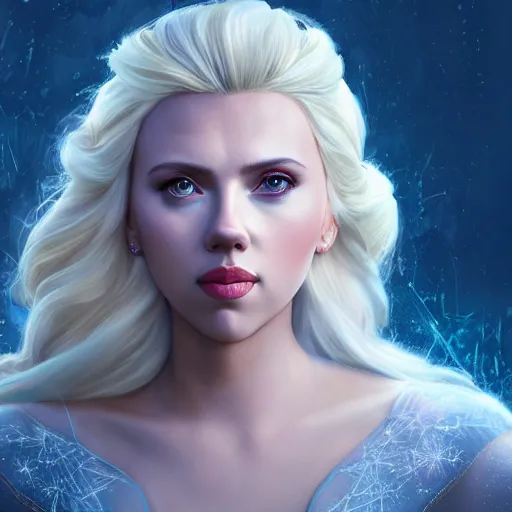 Image similar to Scarlett Johansson as Elsa in Frost, digital portrait, artstation, cgsociety, 4k, high detail