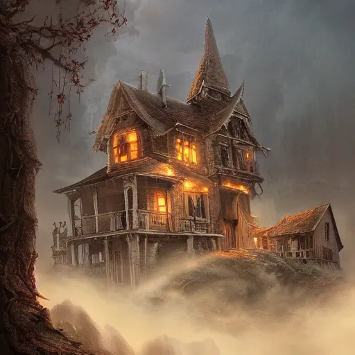 Prompt: A beautiful detailed landscape matte painting of Haunted House，by Igor Kieryluk