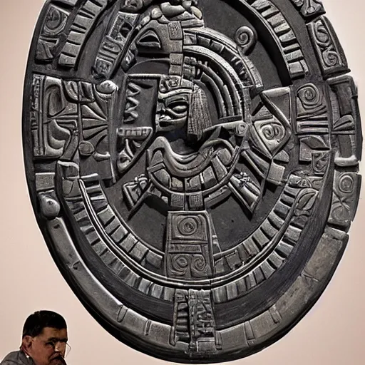 Image similar to a realistic photography of the Aztec god Tezcatlipoca looking at a mirror made of obsidian