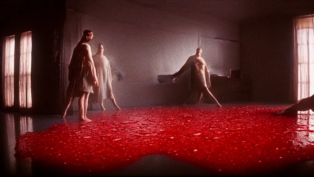 Image similar to a giant hand made of blood and ice floats through the living room, film still from the movie directed by Denis Villeneuve with art direction by Salvador Dalí, wide lens