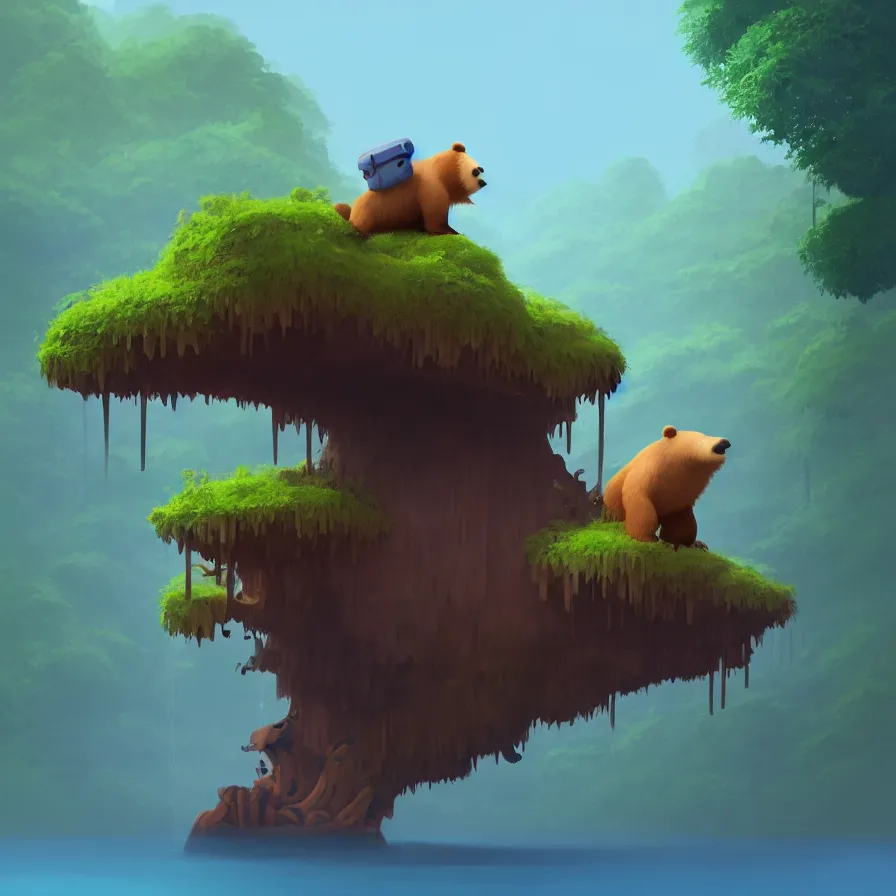 Image similar to A single bear atop a loose log navigating a deep blue river through the jungle, jungle, art by Goro Fujita, ilustration, concept art, sharp focus, ArtStation, Deviantart