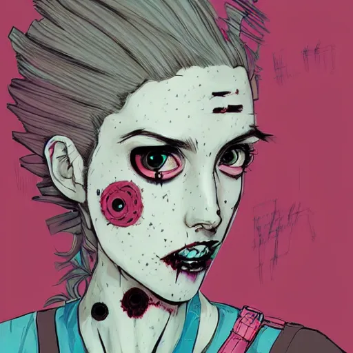 Image similar to Highly detailed portrait of pretty punk zombie young lady with cool hair, freckles and bloodshot eyes by Atey Ghailan, by Loish, by Bryan Lee O'Malley, by Cliff Chiang, inspired by image comics, inspired by graphic novel cover art, inspired by papergirls !! Gradient color scheme ((grafitti tag brick wall background)), trending on artstation