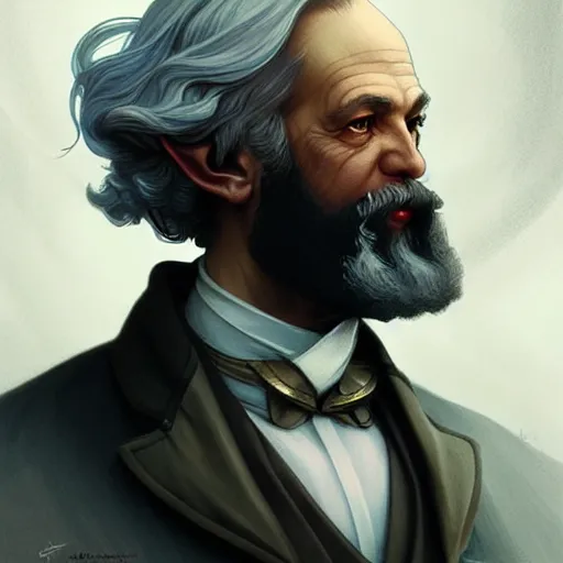 Prompt: half elf Karl Marx, fantasy, intricate, elegant, highly detailed, digital painting, artstation, concept art, smooth, sharp focus, illustration, art by artgerm and greg rutkowski and alphonse mucha