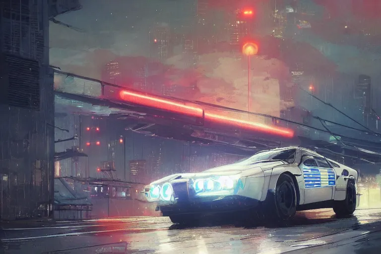 Prompt: akira cyberpunk bmw m 1 police car with lights flashing speeding down highway at high speed at night by greg rutkowski makoto shinkai takashi takeuchi studio ghibli, akihiko yoshida