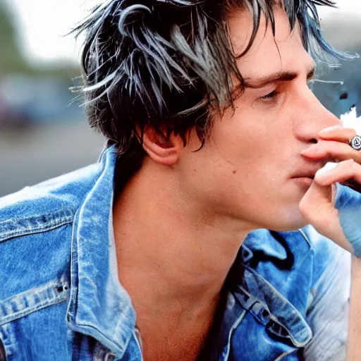 Image similar to a skinny white male singer with medium-length messy blue hair smoking a cigarette