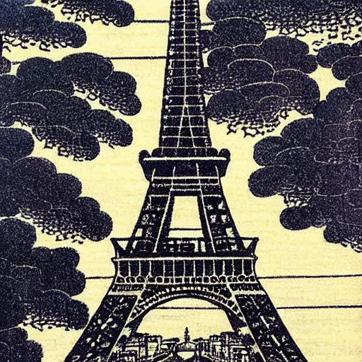 Image similar to eiffel “ tower in paris in the style of a woodblock print by the japanese ukiyo - e artist hokusai ”