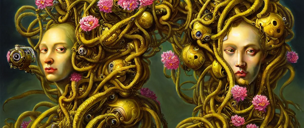 Prompt: hyperrealistic hyper detailed neo-surreal 35mm portrait of rococo cyborg medusa with multiple heads covered in flowers matte painting concept art hannah yata dali very dramatic yellow lighting low angle hd 8k sharp shallow depth of field