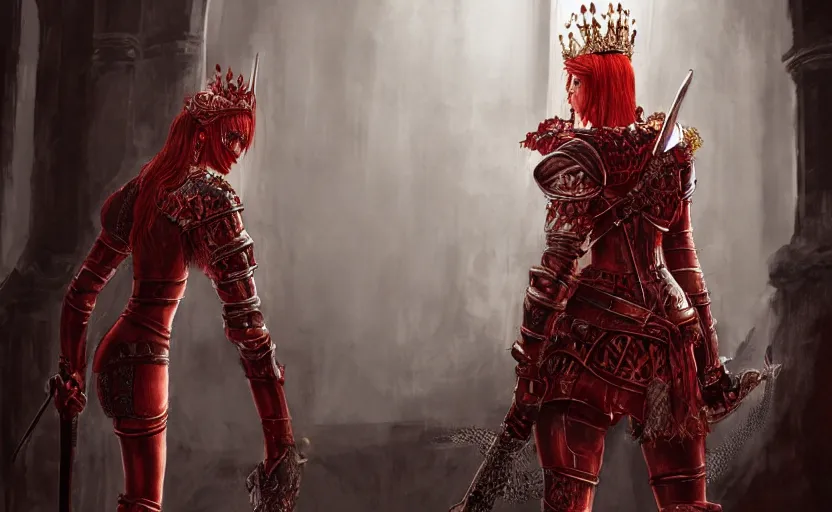 Image similar to redhead queen knight in red armor, inside grand hall in castle with rococo aesthetic, exposed beating heart in chest, crown, face with scars, dark souls 3, intimidating, ominous, evil, high fantasy, intricate detail, digital painting, artstation, concept art, smooth, sharp focus, illustration, art by yoshitaka amano and monia merlo and giger and wlop