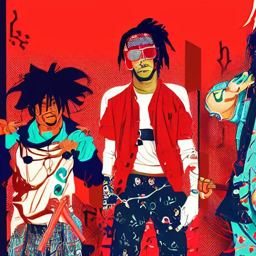 Image similar to Playboi Carti and Lil Uzi Vert, Ninja Scrolls, Geometric 3d shapes, Gang, Pistol, Blood, red smoke, by Sachin Teng, Trending on artstation