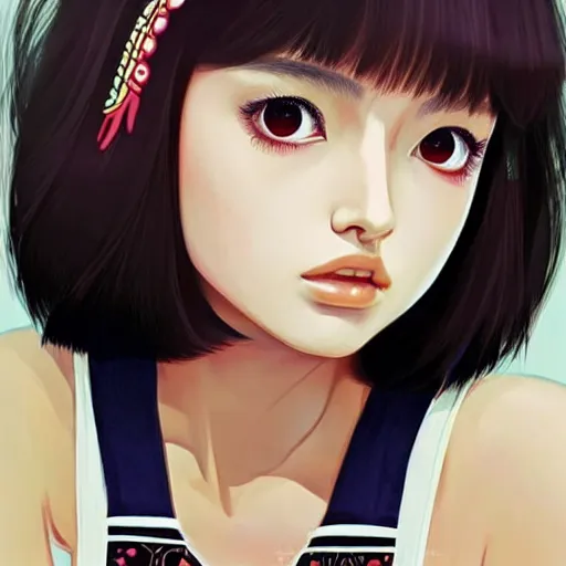 Image similar to a beautiful young japanese natalie portman alluring gravure model, wearing elegant designer overalls, elegant overalls with mesoamerican patterns, mesoamerican native street fashion, princess mononoke, by and wlop and ilya kuvshinov and artgerm and, aesthetic, gorgeous, stunning, alluring, attractive, artstation, pinterest, digital art