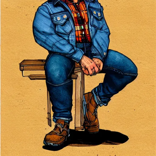 Prompt: character concept art HD render of a modern human, with a strongman's build, wearing a flannel jacket and blue jeans. by Michael William Kaluta.