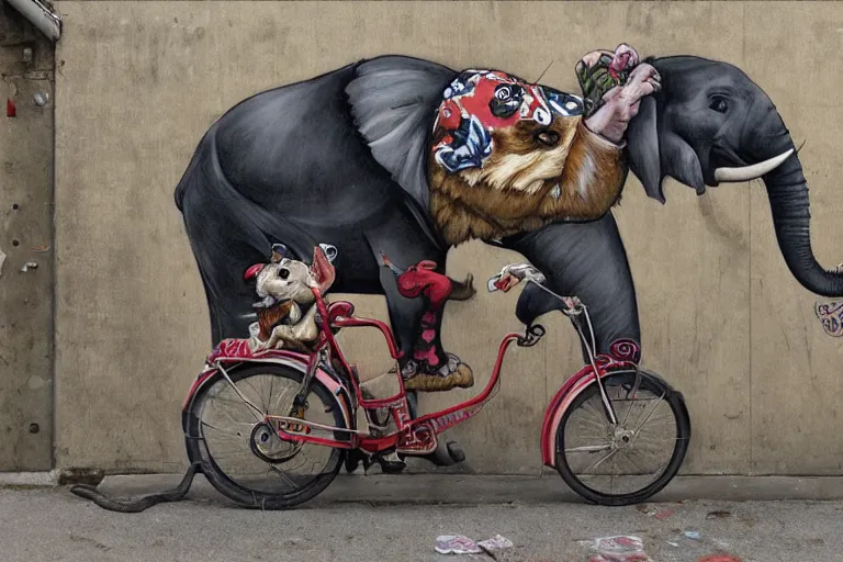 Prompt: a graffiti illustration by stom 5 0 0 and etam cru, of red pandas riding an elephant motorbike