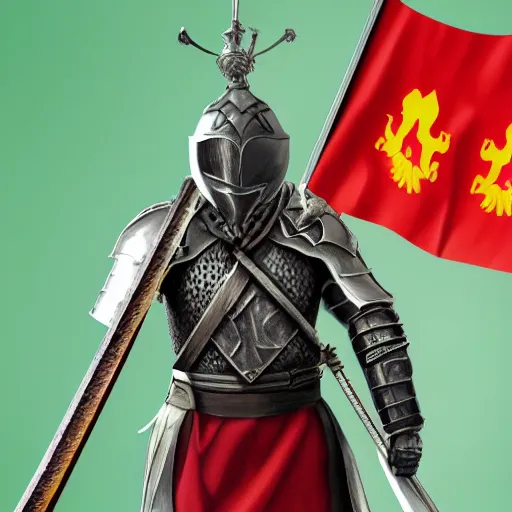 Image similar to detailed swordsman with armour. lithuanian flag present