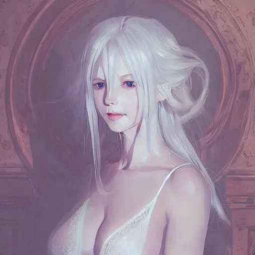 Image similar to Portrait of a white haired anime girl wearing a wet white lace nightgown, intricate, highly detailed, smooth, close-up, artstation, digital illustration by Ruan Jia