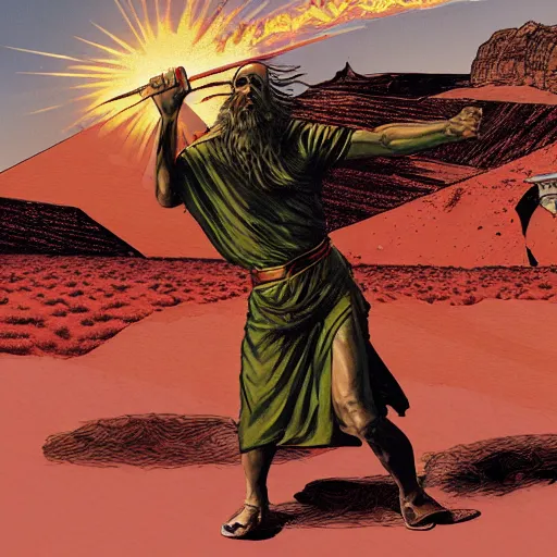 Prompt: Moses breaking the tables of the law in the sinai desert, digital art, richard corben