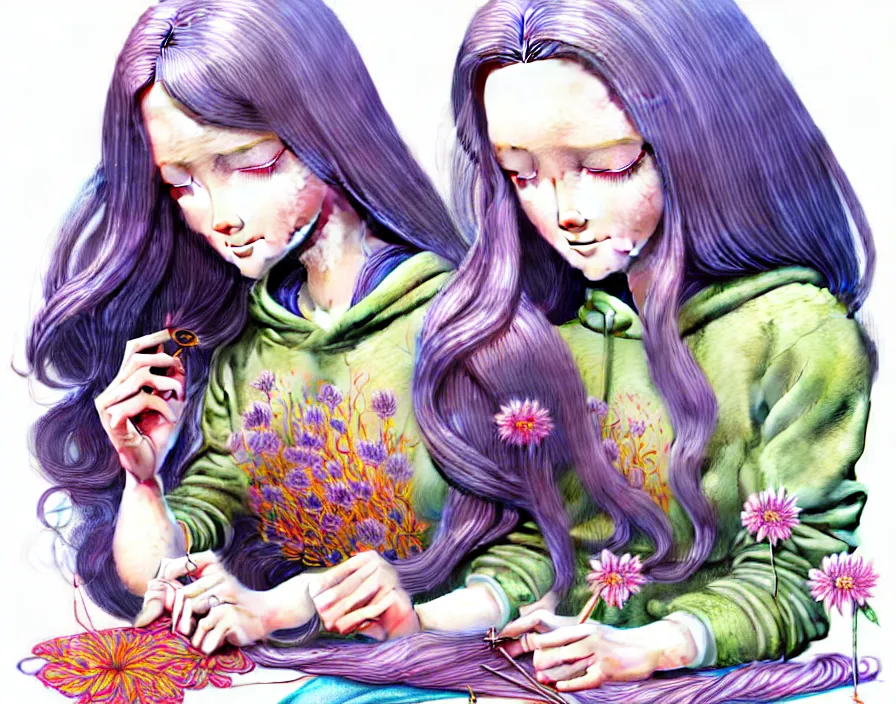 Image similar to richly detailed colored pencil 3D illustration of a beautiful English woman with long metallic hair wearing a hoodie and short shorts,she is sewing thread drawings of flowers into her own thighs. mirrored background with completely rendered reflections, art by Range Murata and Artgerm.