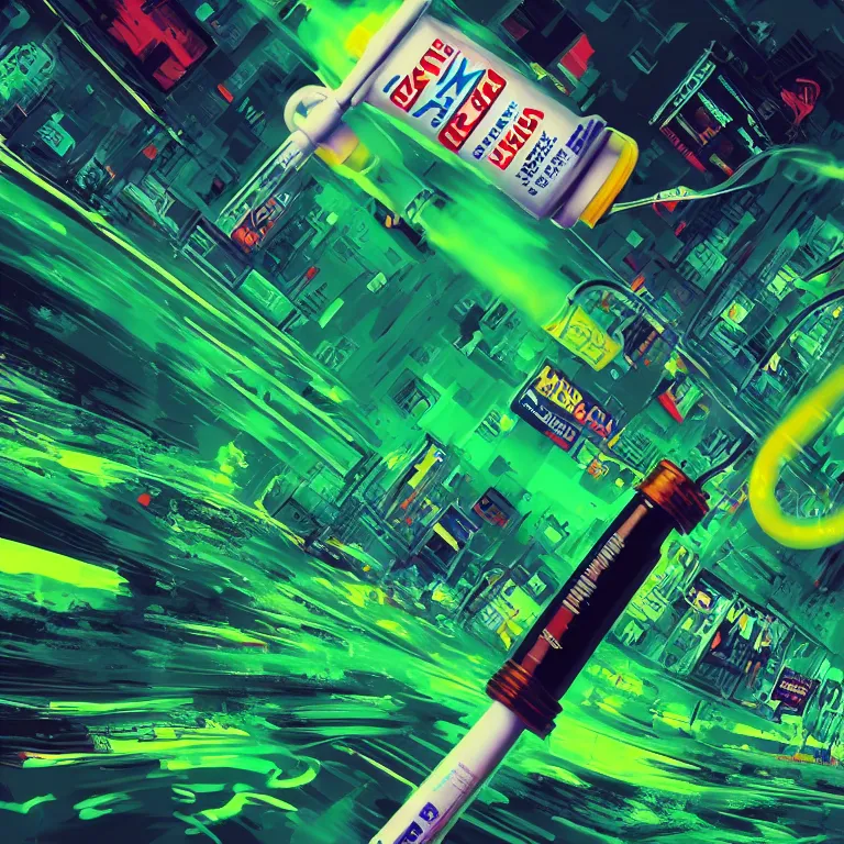 Image similar to hyperdetailed cyber fun 70's poster painting in a color style of 70's black poster art of chemical filled syringe spraying out green chemicals, epic scale ultrawide angle, 3D rendered, Vray rendered, octane render, unreal engine