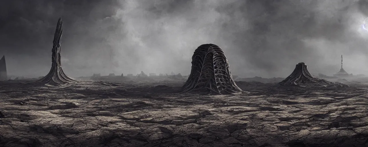 Prompt: a large ominous and geometric like large alien structure built on a barren dry land with an epic cloud formation on the background by HR GIger, Dariusz Zawadzki, Neil blevins, Feng Zhu, gustave doré, zhuoxin ye, very detailed, octane render, 8k, oranate and brooding, scary and dark, canon 24mm lens