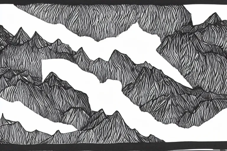 Image similar to two mountain ranges made out of paper crashing into each other violently, black and white, botanical illustration, black ink on white paper, bold lines