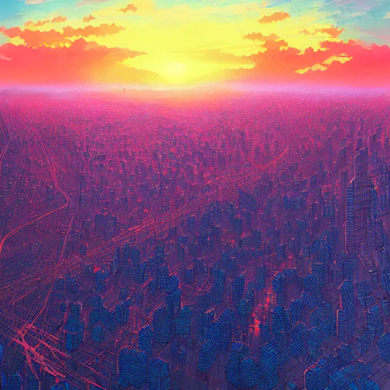 Image similar to birdseye view of a sunrise over a city, art by yoshitaka amano and alena aenami, cityscape