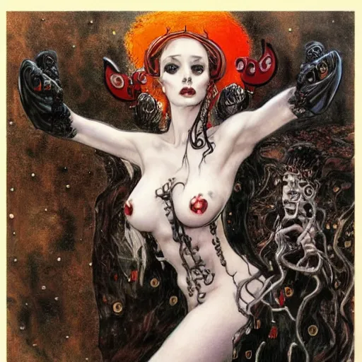 Prompt: lady death with horns, klimt, royo, miro, frazetta, whealan,