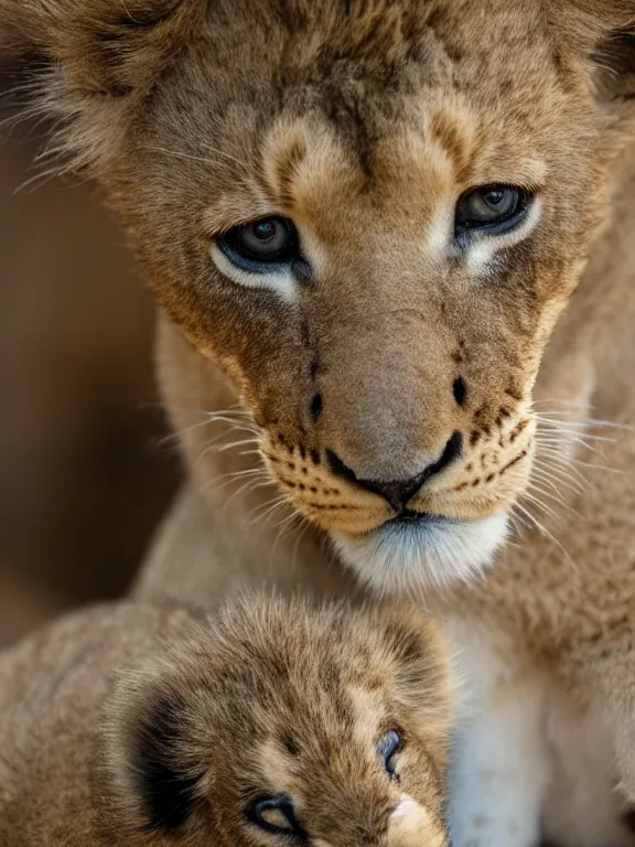 Prompt: 4K HD, high detail photograph, shot with Sigma f/ 4.2 , 250 mm sharp lens, shallow depth of field : (subject= baby lion playing with a baby duck + subject detail= accurate body features, consistent, high detailed light refraction , high level texture render)