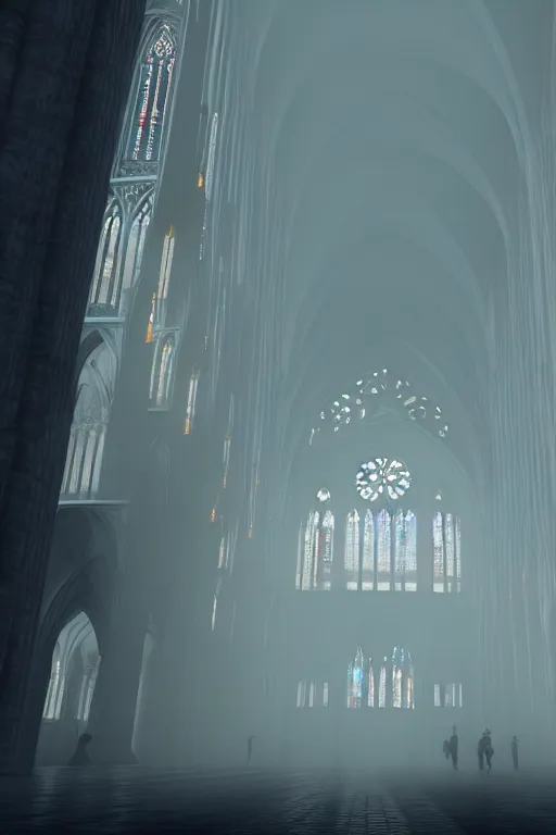 Image similar to misty artistic rendering Cathedral of Notre Dame, ash in the air, silent hill style, 8k resolution, octane render, volumetric lighting popular on artstation, popular on deviantart,