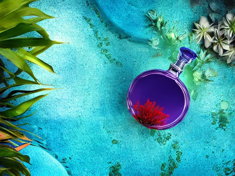 Prompt: perfume bottle in the center of a desert oasis in deep blue pond water surrounded by tropical flora ; 4 style of nicholas fols, 2 0 0 mm, mute dramatic colours, soft blur outdoor stormy sea background, volumetric lighting, hyperrealistic