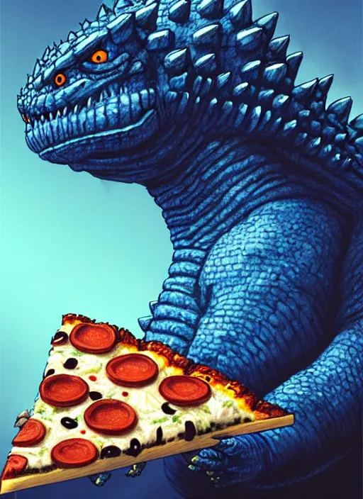 Prompt: portrait of a small fat blue godzilla with a pizza, wearing a propeller beanie, intricate, elegant, eerie lighting, highly detailed, digital painting, artstation, concept art, smooth, sharp focus, illustration, art by wlop, mars ravelo and greg rutkowski