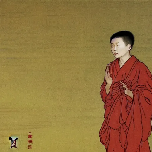 Prompt: , chinese boy monk, artstation, in the style of moebius, jugendstil and classic japanese print, art by jean delville