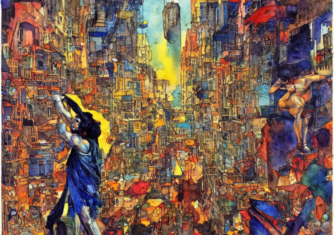 Prompt: vibrant watercolor of a punk latino greek god searching for a watchful light through the streets of a city, sparse detail, complementary color scheme, by george luks, mati klarwein and moebius