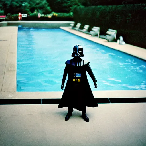 Image similar to photo of darth vader in swimming pool cinestill, 800t, 35mm, full-HD