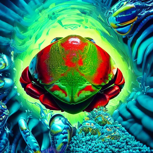 Image similar to photorealistic watermelon crab. hyperdetailed photorealism, 1 0 8 megapixels, amazing depth, glowing rich colors, powerful imagery, psychedelic overtones, 3 d finalrender, 3 d shading, cinematic lighting, artstation concept art