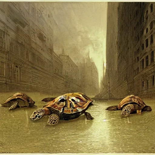 Image similar to turtles in burning fiat city, by Michael Sowa