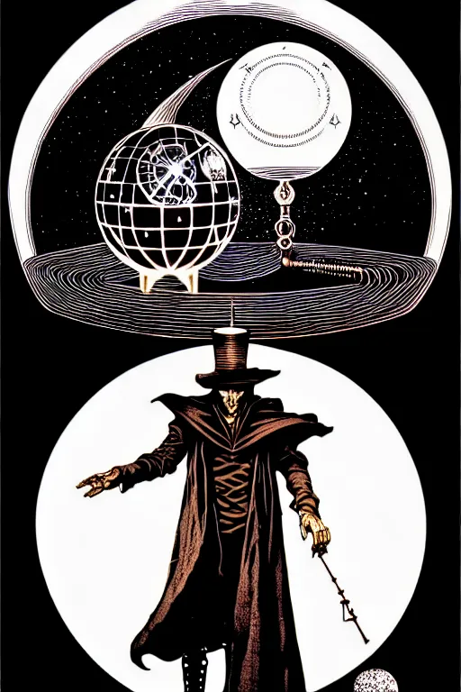 Image similar to cloaked steampunk wizard looking into a crystal ball, high details, intricately detailed, by vincent di fate, inking, 3 color screen print, masterpiece, trending on artstation,, sharp, details, hyper - detailed, hd, 4 k, 8 k