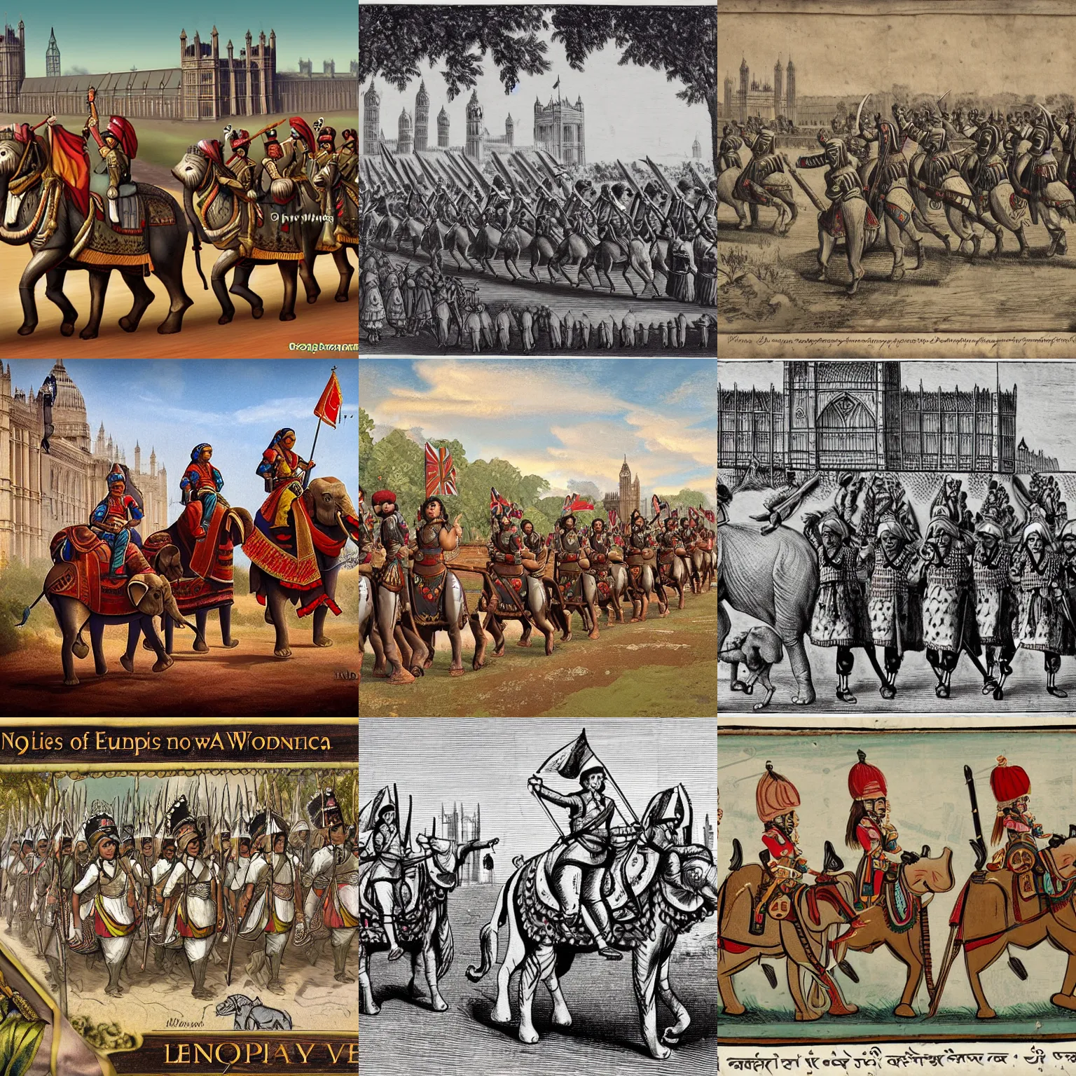 Prompt: Indian women soldiers, on war elephants, march toward the Houses of Parliament, London, 1647, alternate history, loading screen art for the game 'Europa Universalis 4'