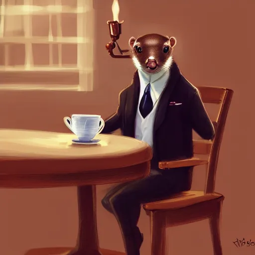 Prompt: a weasel in a suit was drinking tea, surrounded by tea houses ambient lighting, 4 k, russ mill, artstation