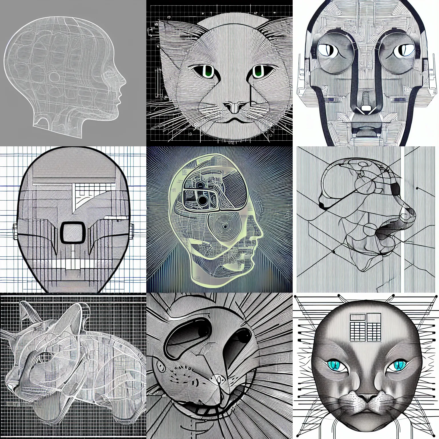 Prompt: technical blueprint, inside a mechanical cat's head, desaturated, illustration, minimalist, marking lines