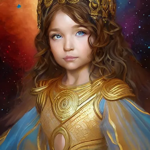 Image similar to a little girl with short wavy curly light brown hair and blue eyes, a space empress in byzantine style. beautiful highly detailed face, painting by artgerm and greg rutkowski and raymond swanland.