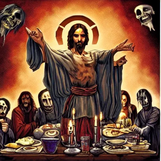 Image similar to the lord's supper, jesus accompanied by undead in iron maiden album cover style