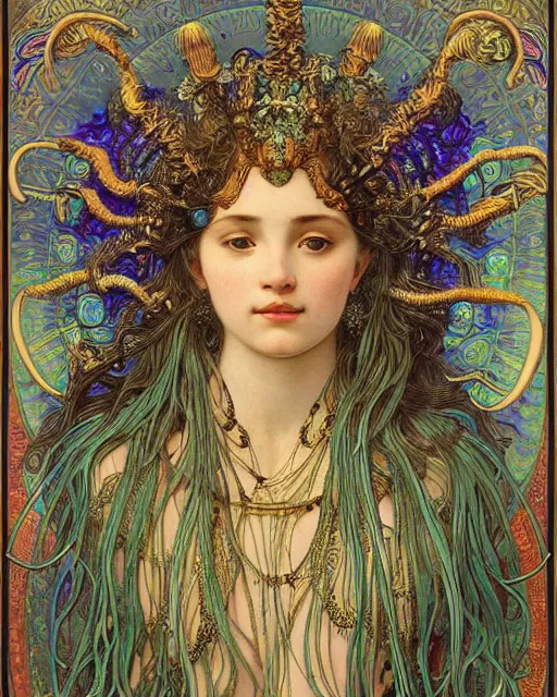 Image similar to portrait of a beatiful young goddess with intricate jellyfish headdress, dark background, intricate hyper detailed art by ernst haeckel and alphonse mucha,