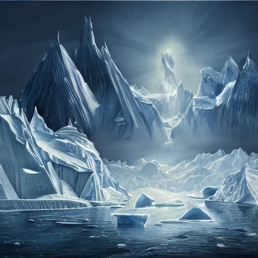 Image similar to epic masterpiece of chromium heaven in Antarctica origin mythos, cinematic, establishing shot, extremely high detail, photorealistic, cinematic lighting, intricate line drawings, 8k resolution